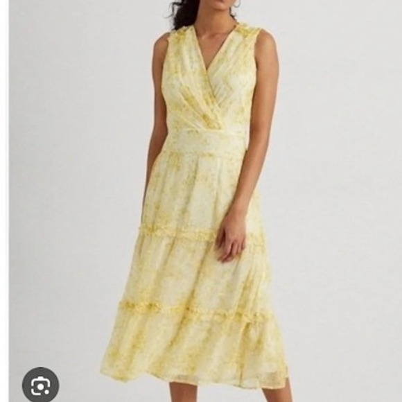 Lauren‎ Ralph Lauren Floral Georgette Midi Dress Yellow Size 2 Sleeveless